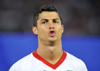 Cristiano Ronaldo sings Portugal's national anthem ahead of a game against Hungary at the 2010 World Cup.