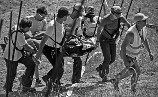Tracey Hannah is carried off the course after breaking her femur and her collarbone