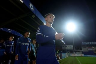 Billy Gee of Chelsea walks out onto the pitch during the Premier League 2 match between Chelsea FC U21 and Leicester City U21 at Kingsmeadow on October 27, 2023 in Kingston upon Thames, England