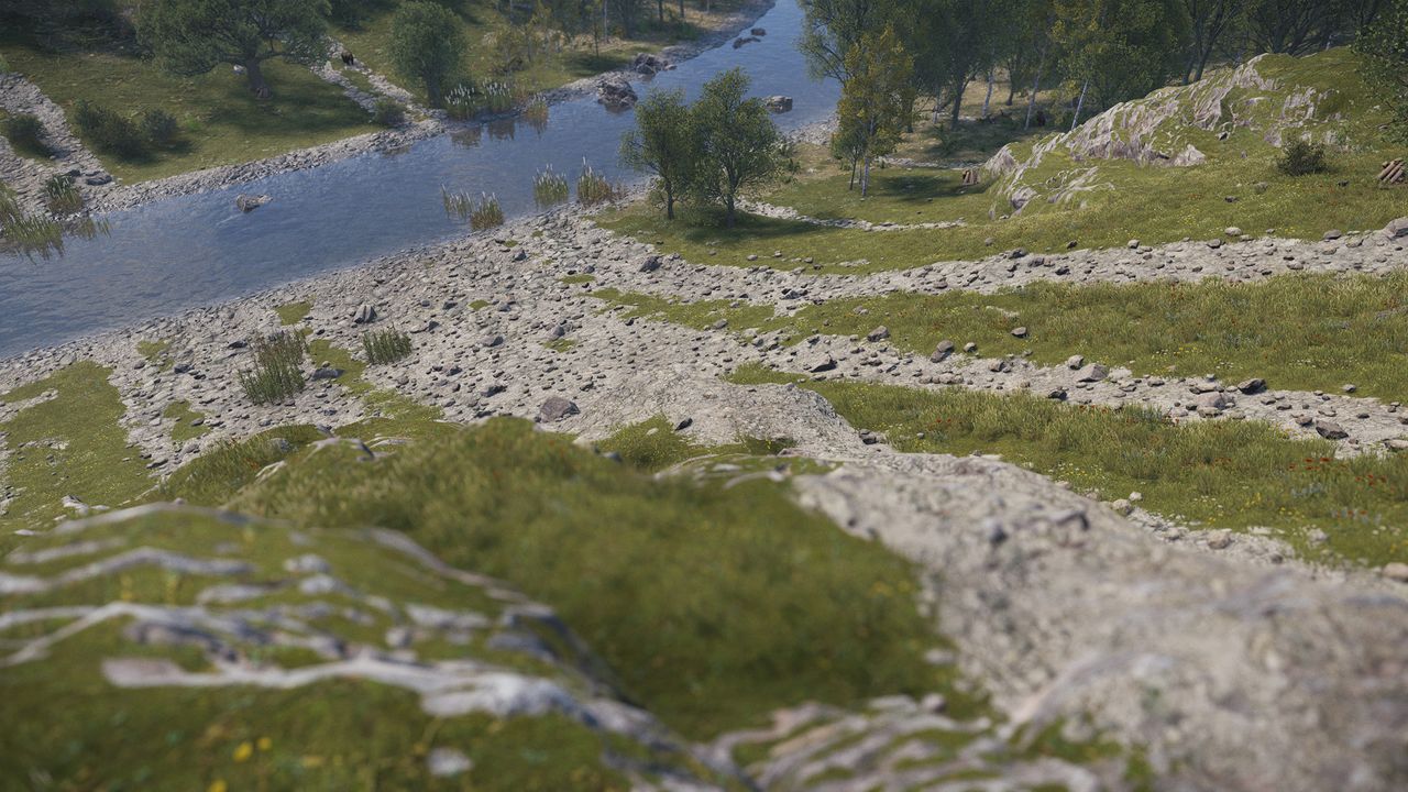 Scree slopes running down autumnal, snow-dusted mountains and green riverside valleys in Rust.