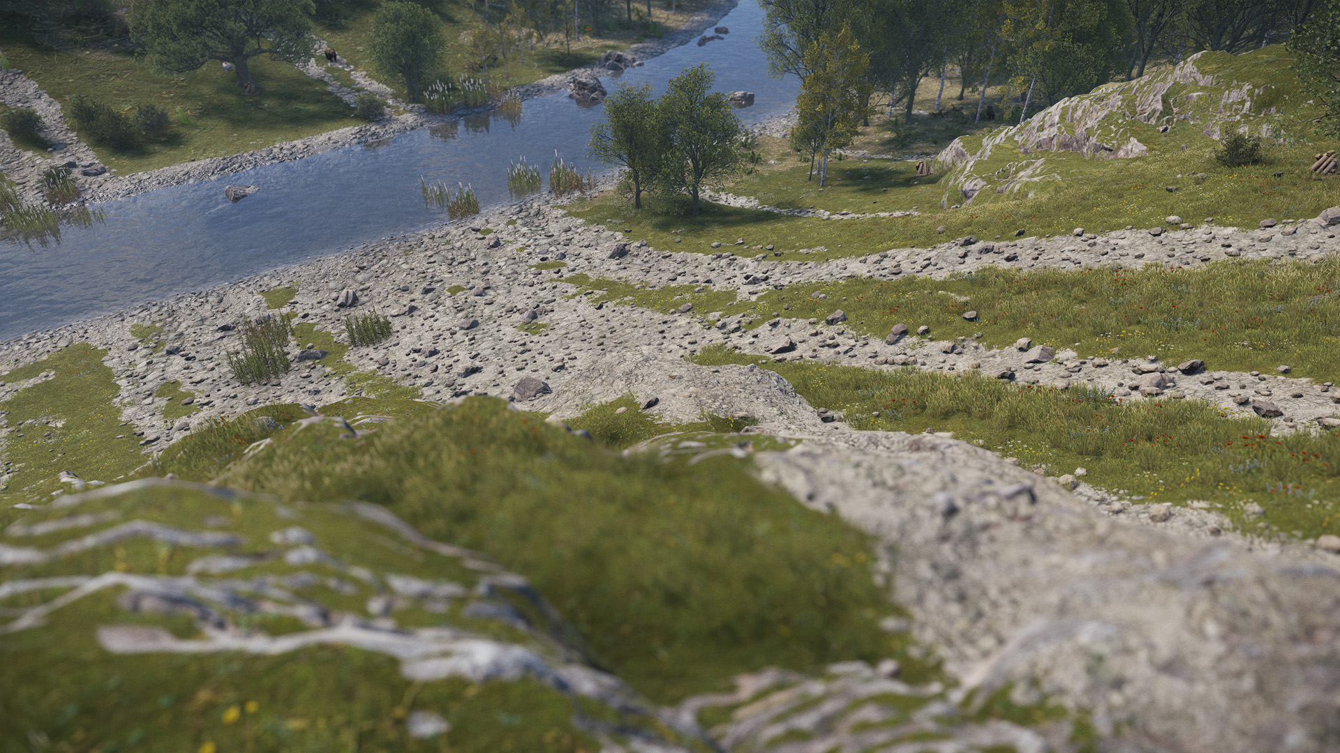 Scree slopes running down autumnal, snow-dusted mountains and green riverside valleys in Rust.