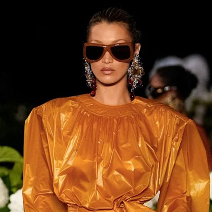 Bella Hadid modeled in the Saint Laurent Spring 2026 runway show during Paris Fashion Week