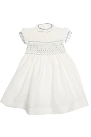 Pepa London Ivory Handsmocked Occasion Dress with Blue Details