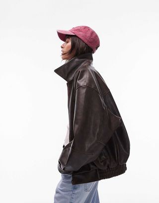 Topshop Faux Leather Oversized Bomber Jacket in Brown