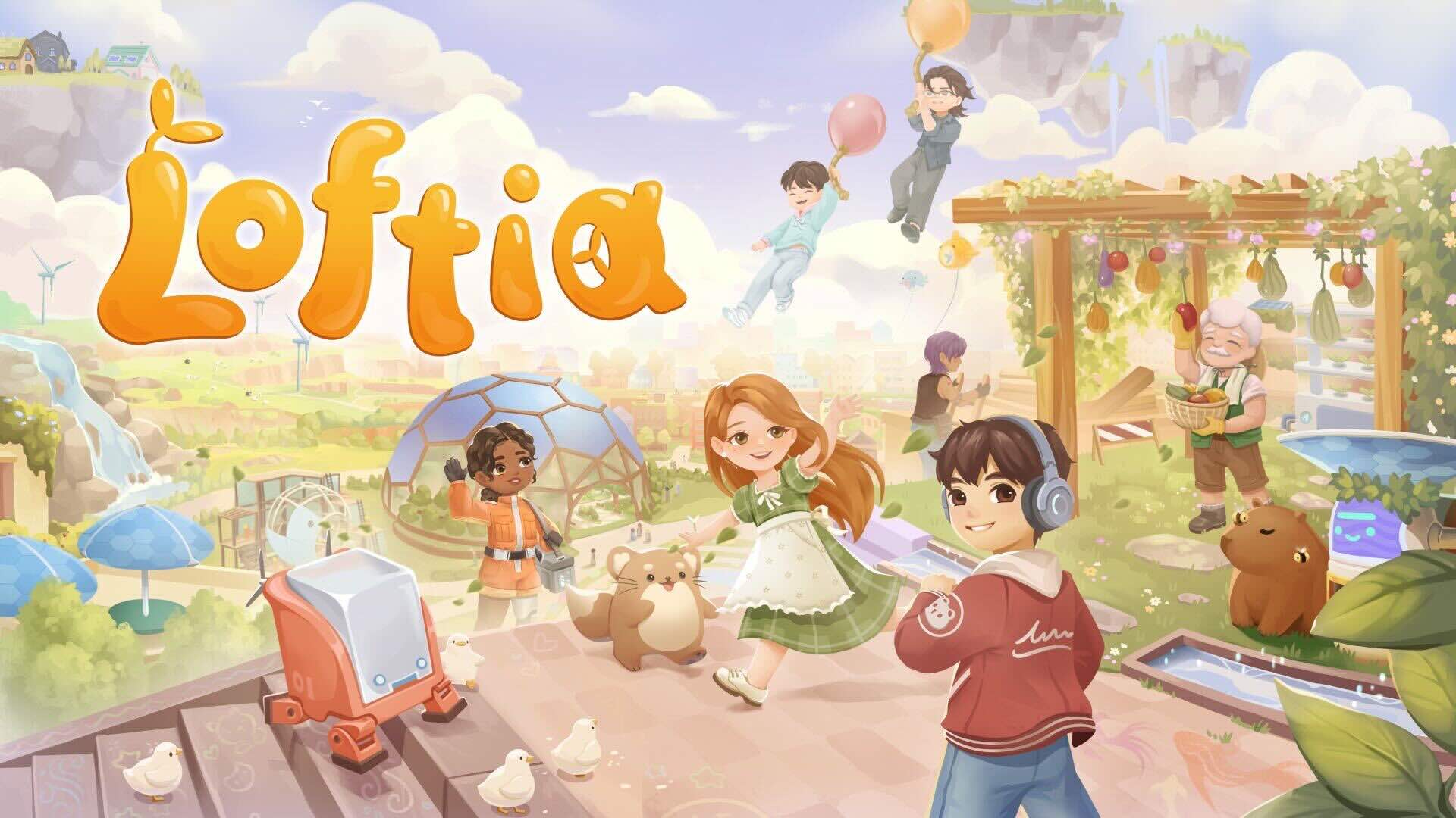Happy people frolic around a peaceful, natural environment. The Loftia logo is in the top left.