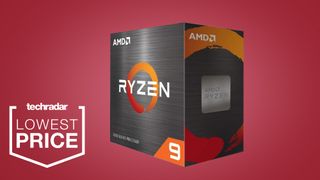 AMD Ryzen 9 5900X retail box on a red background with a techradar badge in the lower left corner