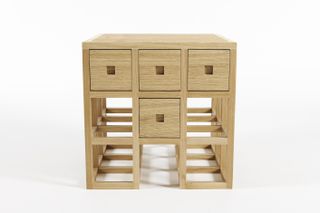 Aria bedside table in oak, by Rena Dumas, reissued by The Invisible Collection and RDAI