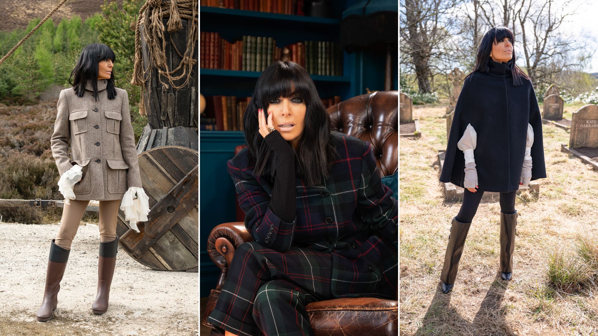 three images of Claudia Winkleman on The Celebrity Traitors 