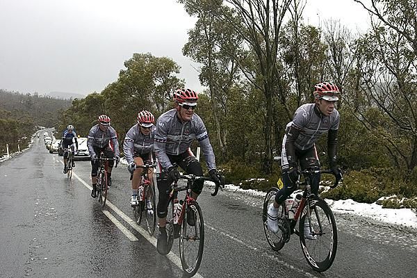 Fly V Australia's Bernard Sulzberger (left) and Ben Day control the lead group on the snow lined roads above Poatina.
