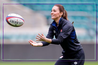 Kate Middleton catches a rugby ball, while wearing a rugby kit after becoming Patron of the Rugby Football Union at Twickenham Stadium on February 2, 2022 in London, England.