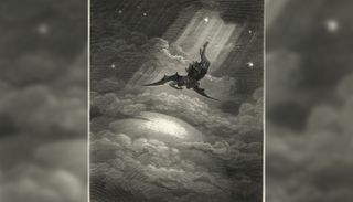 In this vintage engraving, Gustave Dore illustrates Satan flying to Earth from Milton's epic "Paradise Lost."