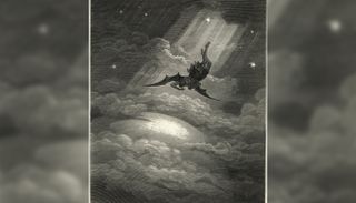 In this vintage engraving, Gustave Dore illustrates Satan flying to Earth from Milton&#039;s epic &quot;Paradise Lost.&quot;