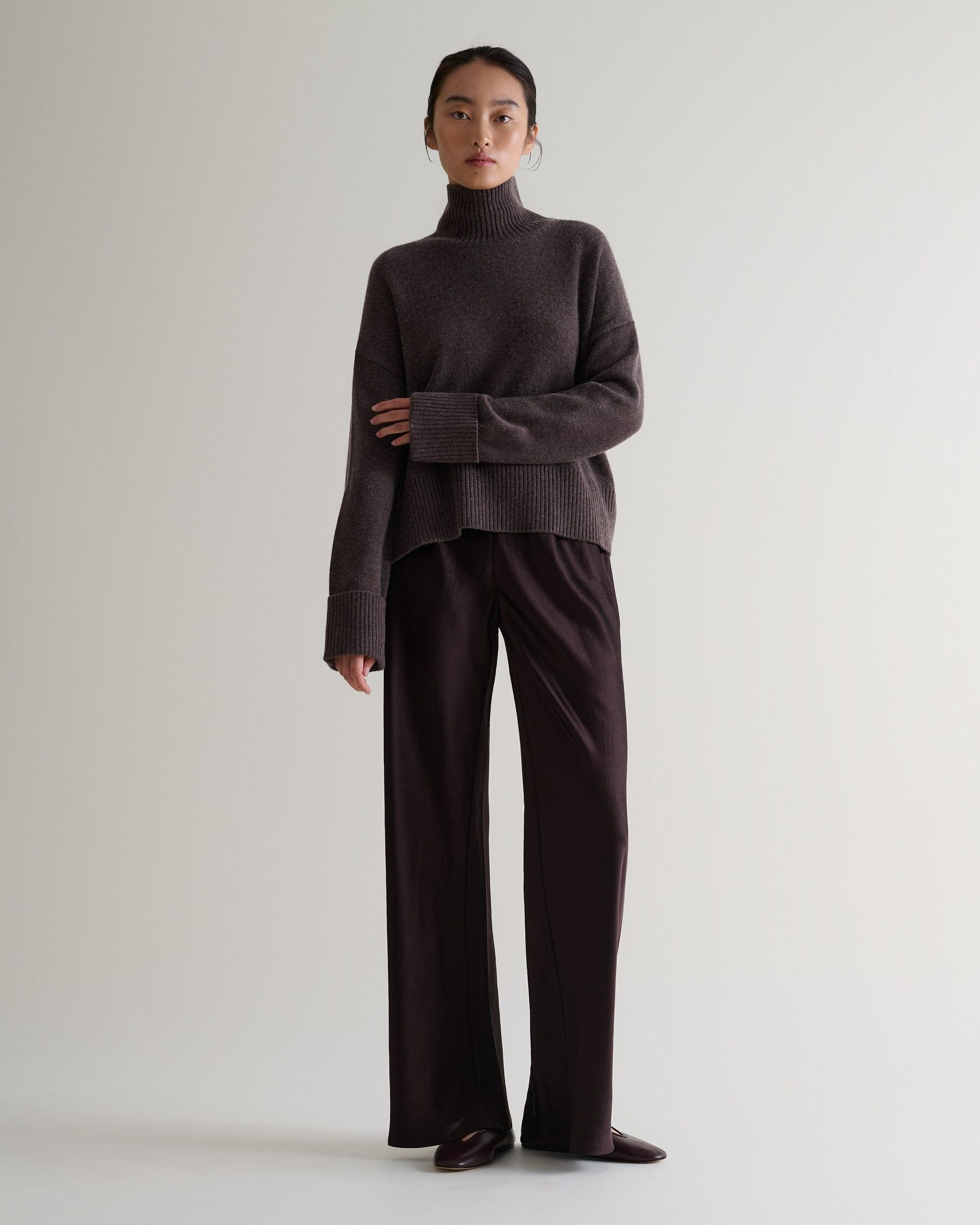 Chocolate Cashmere Merino High Neck Jumper | Rise & Fall