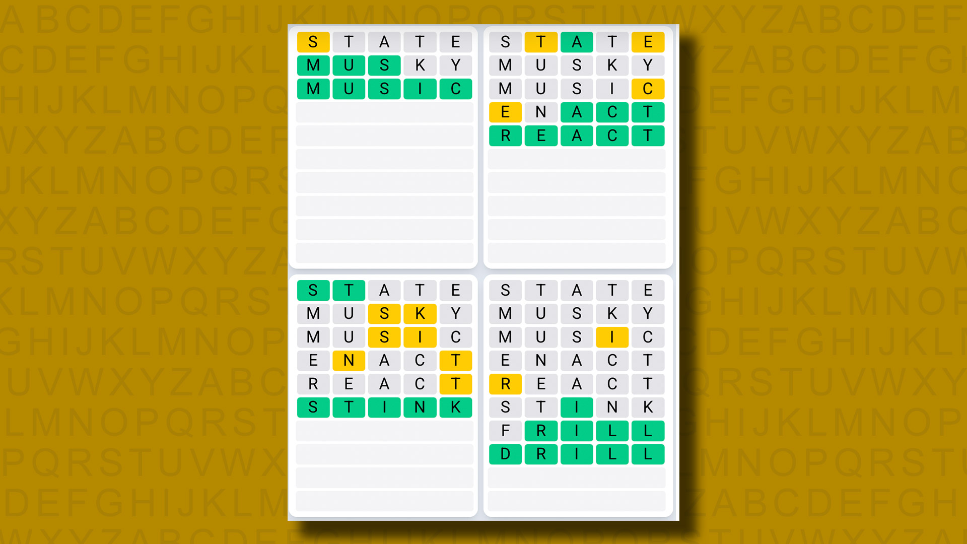 Quordle Daily Sequence Answers for game 1148 on a yellow background