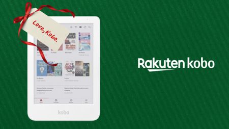 White Kobo E-Reader with a gift bow reading 'Love Kobo'