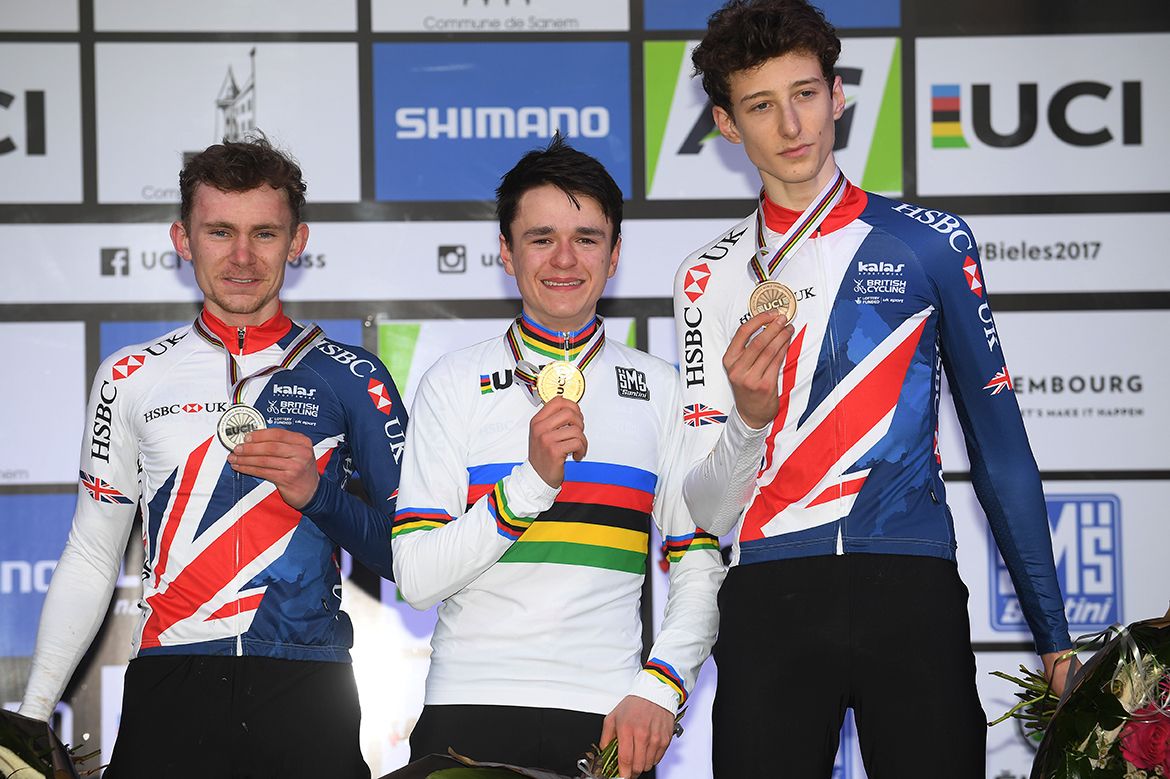 Tom Pidcock, Daniel Tulett, and Ben Turner on the podium
