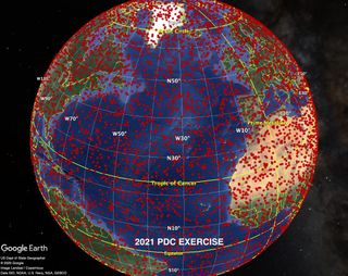 A map showing potential impact sites of the hypothetical asteroid 2021 PDC, which scientists created to spur interdisciplinary conversations about planetary defense.