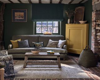 Cozy living room in traditional interior, dark green painted walls, yellow painted cabinet, gray sofa with cushions, wooden coffee table, stone flooring and fireplace, gray rug, patterned armchair, woven basket beside fireplace