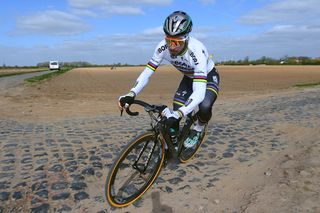 Peter Sagan takes a corner at speed as he test his Roubaix race bike