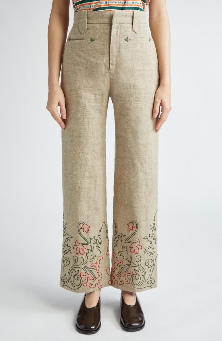 Embroidered Trumpetflower Linen Pants