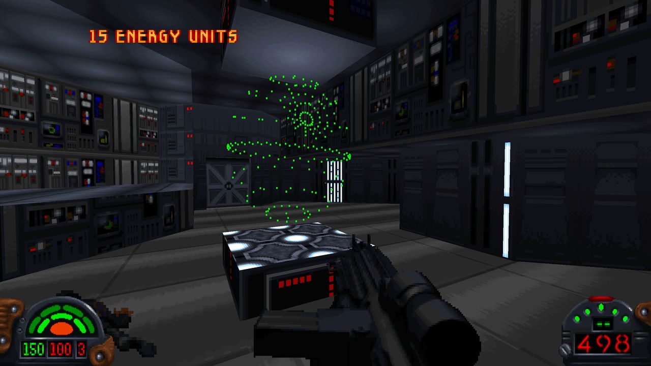 Dark Forces screenshot showing Death Star wireframe plans