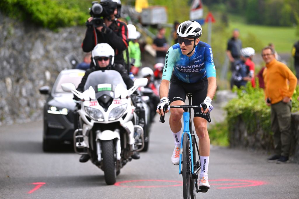 LEYSIN SWITZERLAND APRIL 27 Clement Berthet of France and Decathlon AG2R La Mondiale Team competes in the breakaway during the 77th Tour De Romandie 2024 Stage 4 a 1592km stage from Saillon to Leysin 1314m UCIWT on April 27 2024 in Leysin Switzerland Photo by Luc ClaessenGetty Images
