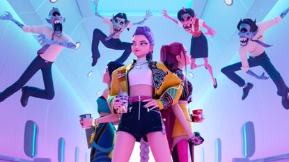 KPop Demon Hunters still featuring Rumi, Zoey, and Mira about to take on a group of demons in an airplane