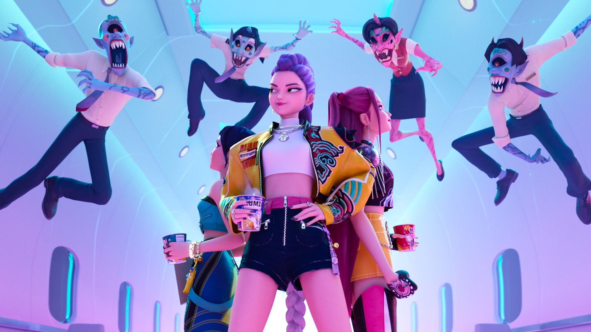 KPop Demon Hunters still featuring Rumi, Zoey, and Mira about to take on a group of demons in an airplane
