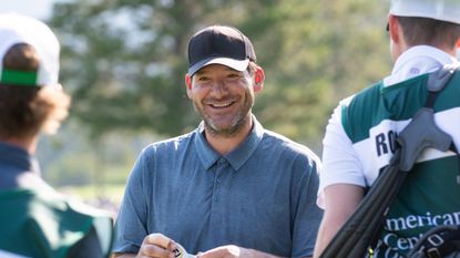 Tony Romo smiles during the 2024 ACC Celebrity Golf Championship at Edgewood Tahoe Golf Course in Stateline, Nevada