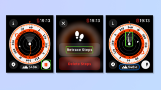 Multiple screenshots of the Apple Watch's Compass app highlighting the Backtrack tool. 