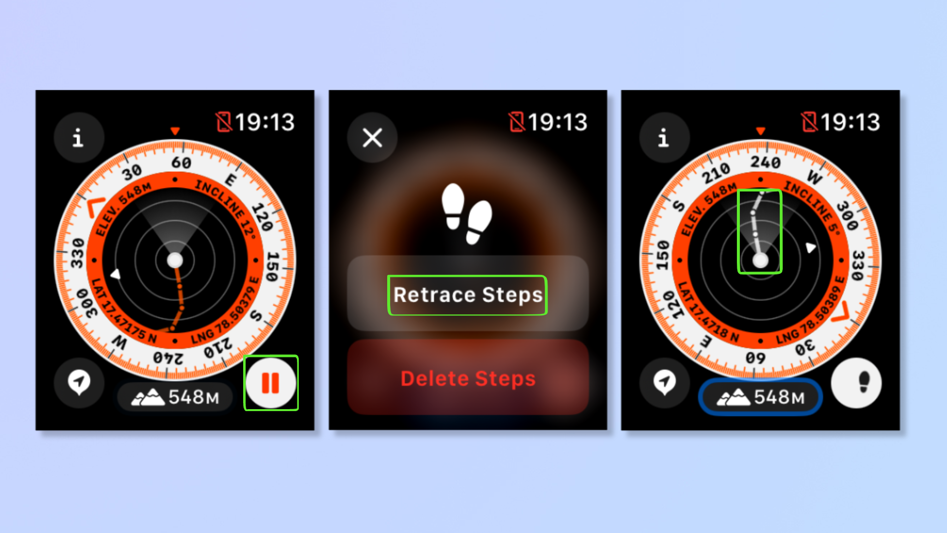 Несколько снимков экрана приложения «Компас» на Apple Watch, на которых выделен инструмент «Назад». 