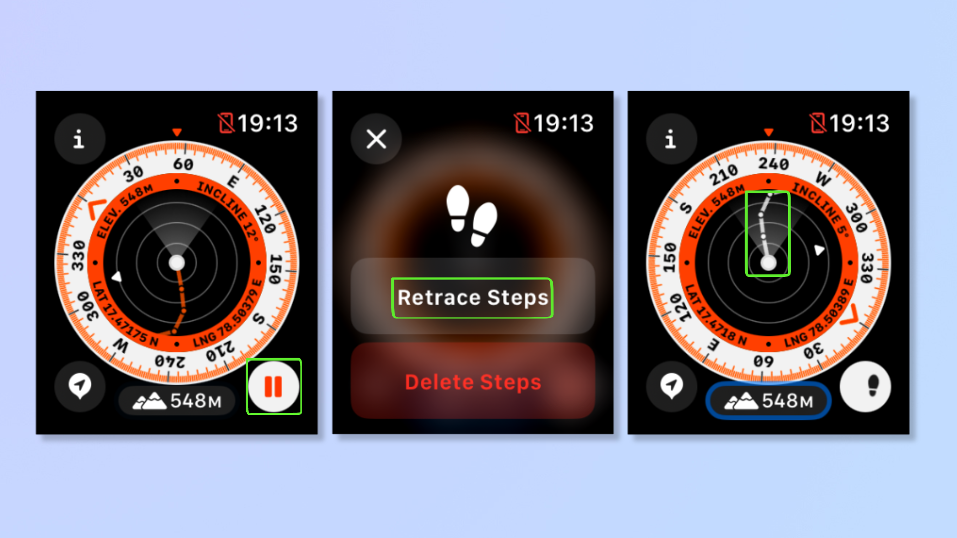 Multiple screenshots of the Apple Watch's Compass app highlighting the Backtrack tool. 