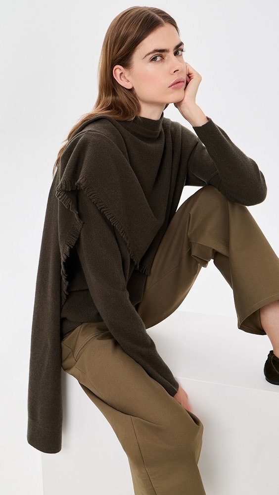 Draped Fringe Scarf Sweater - Pinewood