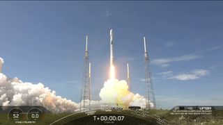 A SpaceX Falcon 9 rocket carrying 58 Starlink internet satellites and three Planet SkySat Earth-observation satellites launches from Space Launch Complex 40 at Cape Canaveral Air Force Station in Florida on Aug. 18, 2020.