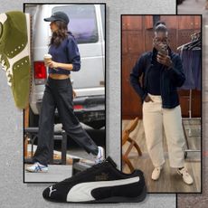 best retro sneakers on Kaia Gerber and Nikki Ogunnaike, including Onituska Tigers, Bode x Nike Astrograbbers, Puma Speedcats, and Larroude Stella sneaker