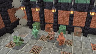 Screenshot of Copper Golems and Copper Chests in Minecraft.