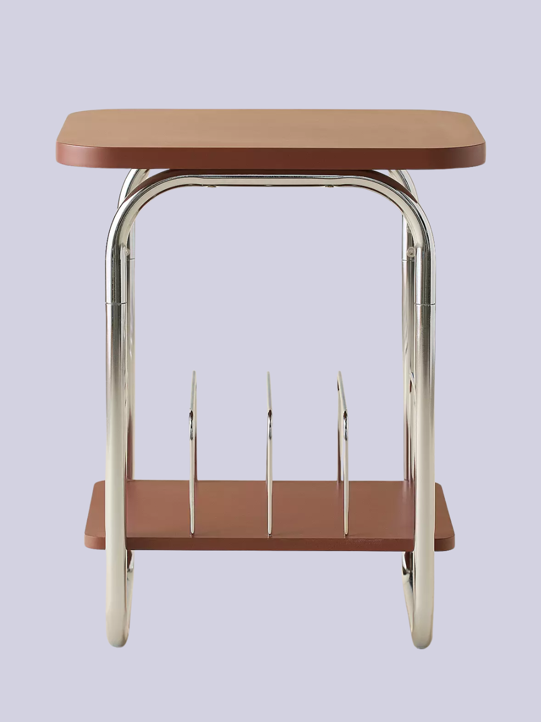 A wood and silver side table for vinyl storage