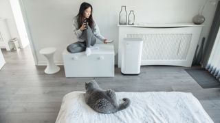 Best air purifiers for allergies. Shown here, an air purifier in a bedroom with a woman and a cat.
