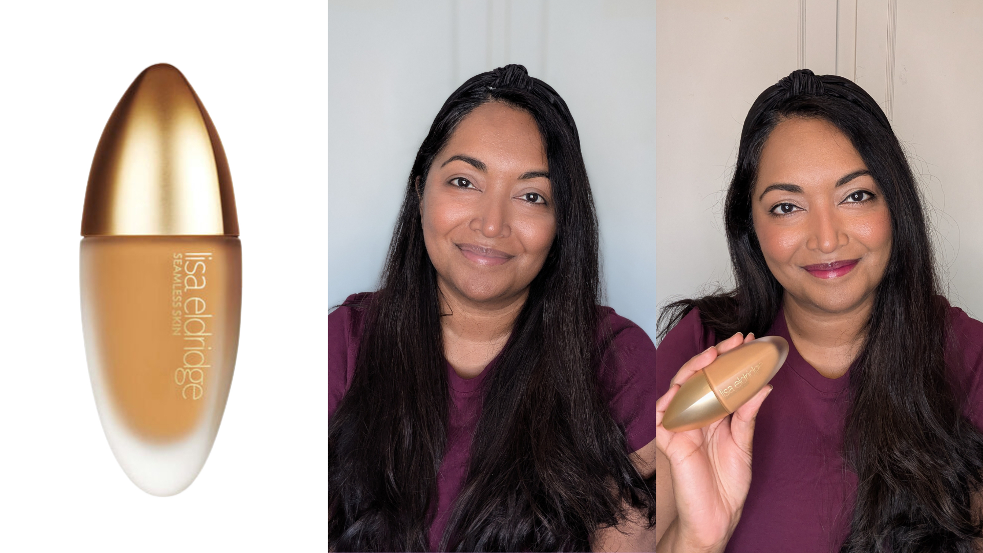 Collage of the Lisa Eldridge Seamless Skin Foundation (left) and Ayesha before and after applying the product (centre and right)