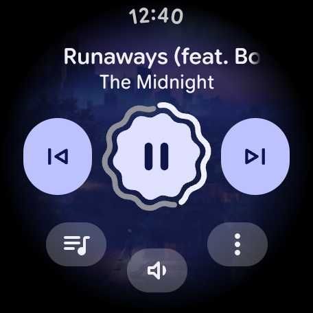 Wear OS 6 introduces a new set of music controls with a squiggly play button and more bubbly, expressive controls.