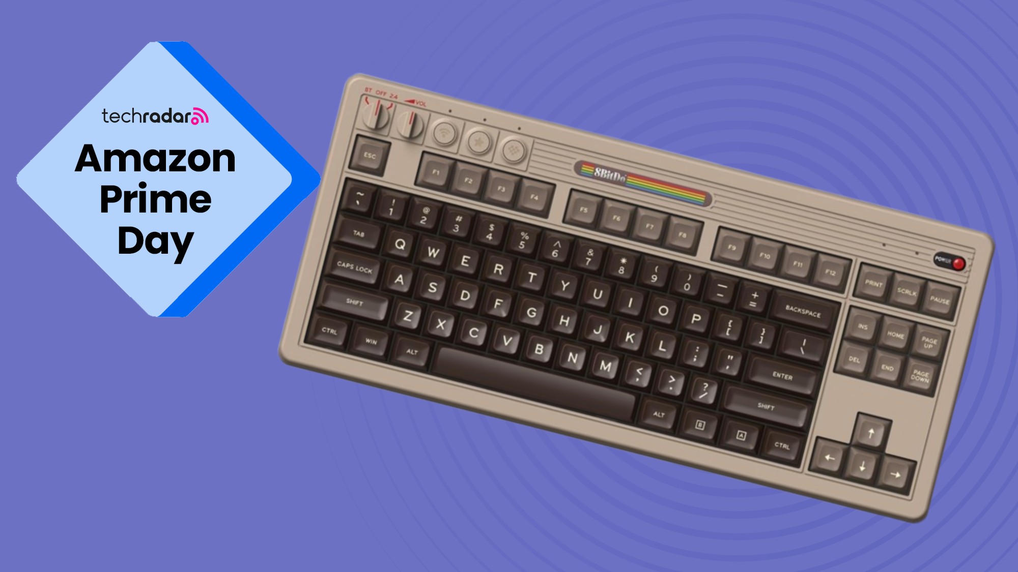 The 8BitDo Retro Mechanical Keyboard C64 Edition on a purple background next to a TechRadar badge that reads 'Amazon Prime Day'