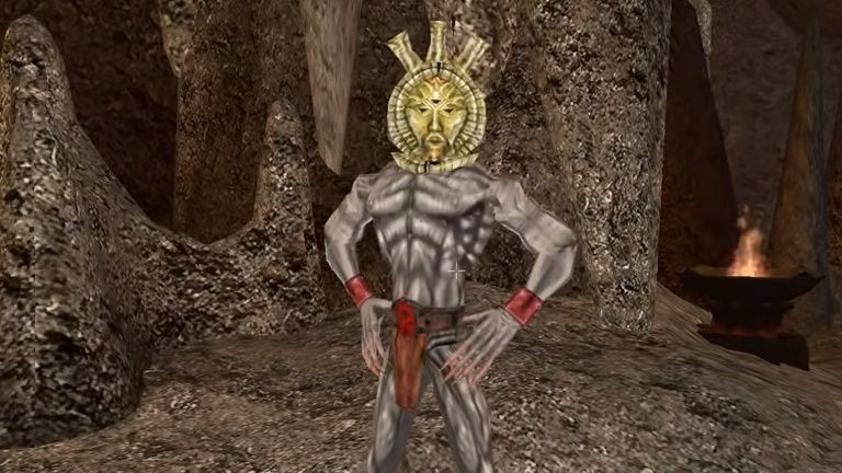 Dagoth Ur, the final boss of Morrowind, stands with hands on hips.