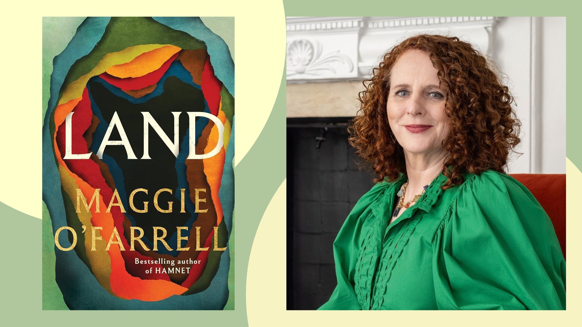 An image of Maggie O'Farrell next to the cover of Land by Maggie O'Farrell