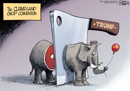 Political cartoon U.S. GOP split elephant