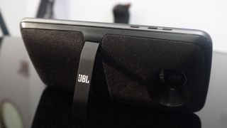 The Moto Z2 Play with a JBL SoundBoost 2 speaker Moto Mod attached