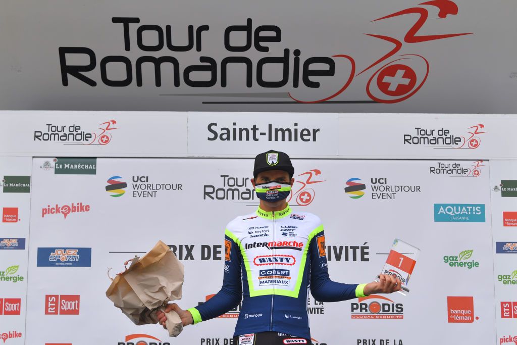 SAINTIMIER SWITZERLAND APRIL 29 Rein Taaramae of Estonia and Team Intermarch Wanty Gobert Matriaux Most Combative rider celebrates at podium during the 74th Tour De Romandie 2021 Stage 2 a 1657km stage from La Neuveville to SaintImier Trophy Mask Covid Safety Measures TDR2021 TDRnonstop UCIworldtour on April 29 2021 in SaintImier Switzerland Photo by Luc ClaessenGetty Images