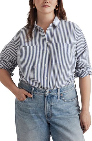 Stripe Patch Pocket Oversize Poplin Button-Up Shirt