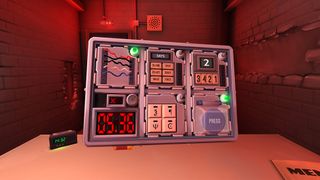 Et skærmbillede fra Keep Talking and Nobody Explodes, der viser en bombe på et bord med en timer.