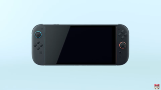 The Nintendo Switch 2 as shown in its announcement trailer with orange and blue accents and removeable controllers.