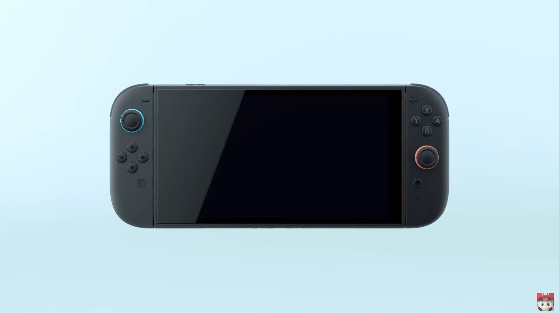 The Nintendo Switch 2 as shown in its announcement trailer with orange and blue accents and removeable controllers.